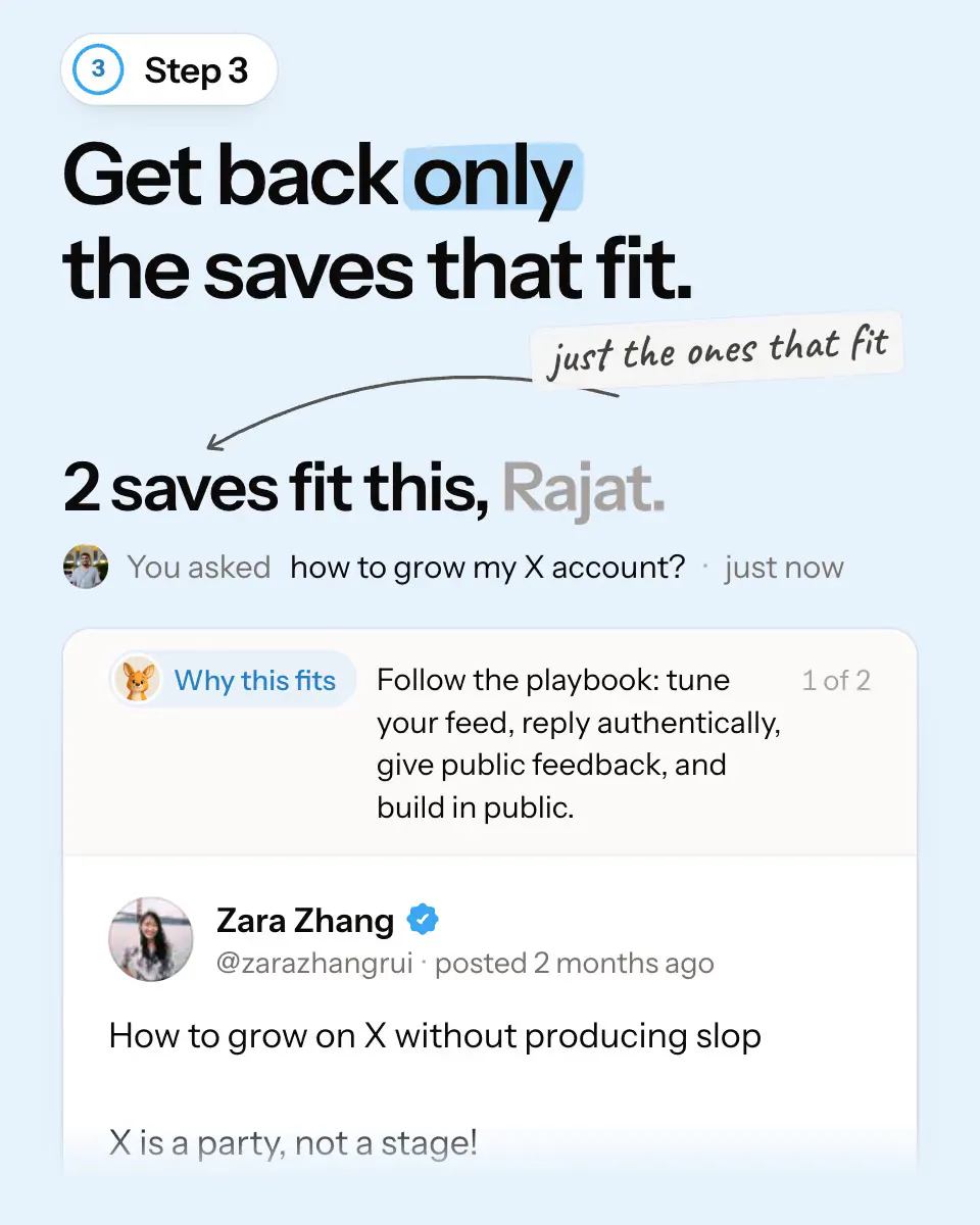 reflo answering “how to grow my X account?”: 2 saves fit, each with why it fits.